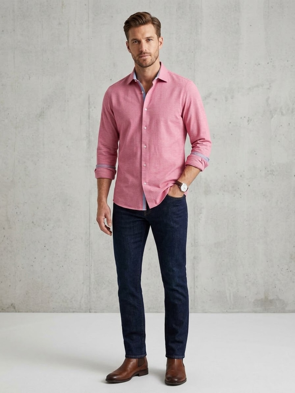ZARA Men's Pink Long-Sleeve Button-Down Shirt